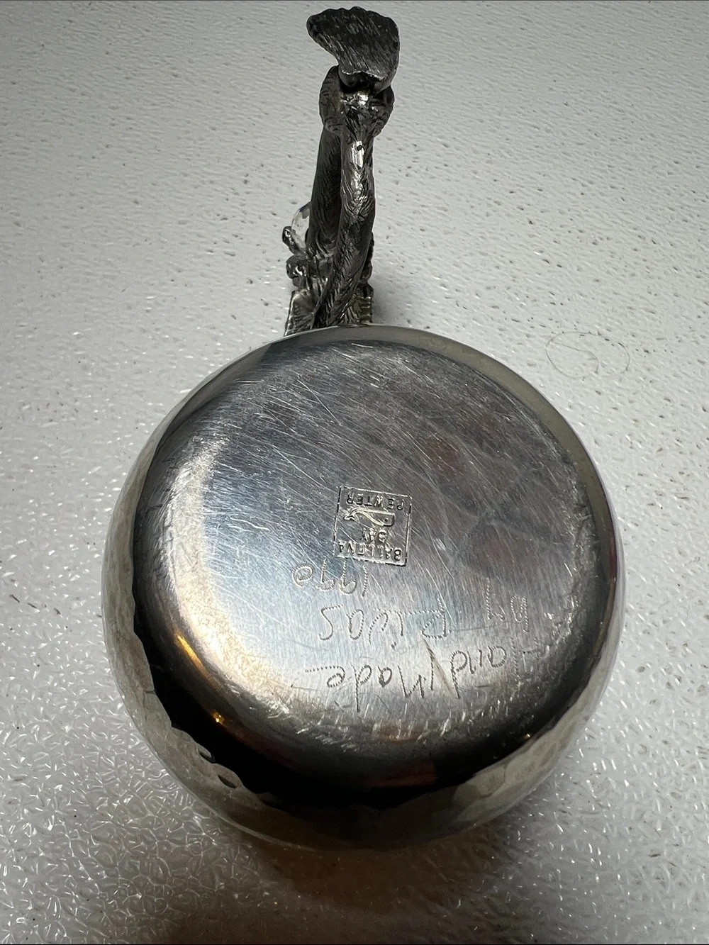Ballema Bay Pewter Hammered Silver Cup with Decorative Winged Dragon Handle 1990